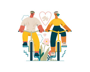 Valentine: Tandem Journey - modern flat vector concept illustration of a couple riding the bicycles together. Metaphor for the synchronized journey of a relationship