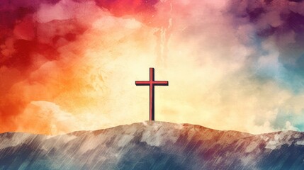 religious Easter background design featuring three white crosses on a watercolor sunrise in red orange and blue. - obrazy, fototapety, plakaty