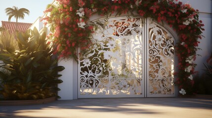 Imagine a visually stunning scene with a front garage gate displaying exquisite laser-cutting and carving, basking in the brilliance of the sun, and surrounded by vibrant flowers and cascading creeper