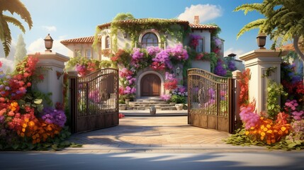 Fototapeta na wymiar Imagine a visually stunning scene with a front garage gate displaying exquisite laser-cutting and carving, basking in the brilliance of the sun, and surrounded by vibrant flowers and cascading creeper