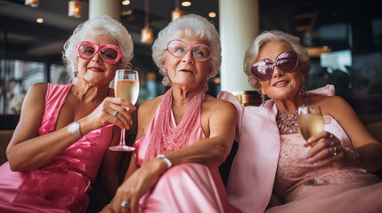 Some old friends women sitting and toasting with white wine.