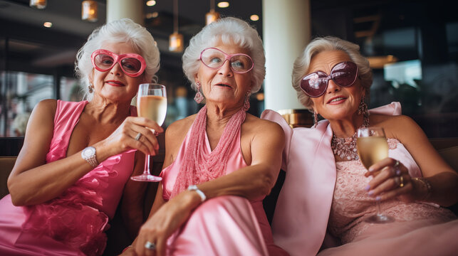 Some old friends women sitting and toasting with white wine. 