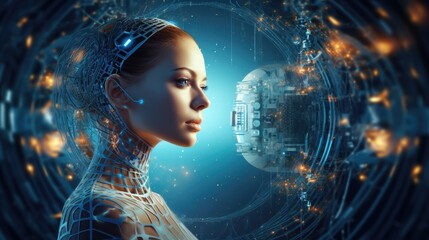 Artificial intelligence concept. Female robot of the future. Brain of android. AI Generated