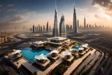 An iconic hotel with a helipad on the rooftop, set against the backdrop of the Burj Khalifa,...