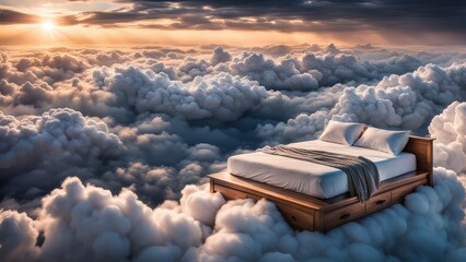 A bed in the clouds. A good dream - obrazy, fototapety, plakaty