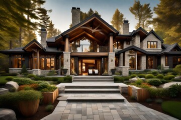 Fototapeta premium A sophisticated suburban house with a blend of stone and wood elements, surrounded by lush trees and a serene outdoor environment.