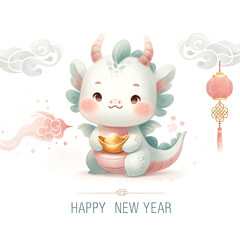 New year 2024 cute little dragon greeting card. Watercolor illustration of cute cartoon baby dragon and Happy New Year text on white background. New Year celebration, watercolor art.
