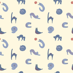 Seamless cute pattern of playful fun cats in different poses, with doodles and yarn and red accents on grey and yellow colours. Cats shaped like alphabets, a great fun print for gift wrap, pet lovers.