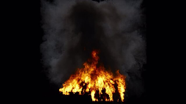 The building exterior facade and roof are engulfed in voracious flames, casting a fiery glow on a deep black background. Perfect for impressive video projects. VFX with alpha channel.