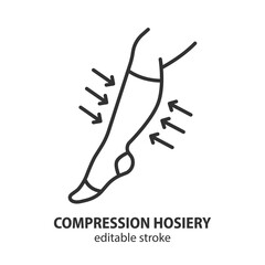 Leg with compression stocking line icon. Medical underwear vector illustration. Editable stroke. - 696061179