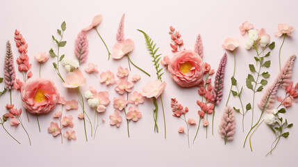 Fototapeta na wymiar A whimsical arrangement of spring flowers and ferns, Flowers composition, Wedding day, Women’s Day, Flat lay, top view, with copy space
