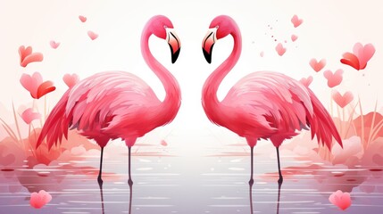 Two pink flamingos on the lake look at each other in the shape of a heart. AI generated.
