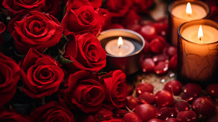 A romantic setup of red roses and candles, perfect for a Valentine’s theme, Flowers composition, Wedding day, Women’s Day, Flat lay, top view, with copy space - obrazy, fototapety, plakaty
