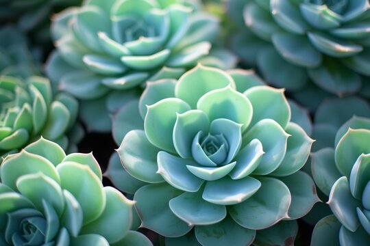 A close-up of mint green succulents bathed in sunlight, showcasing the intricate details of their unique patterns.