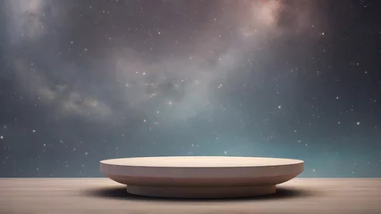 Fototapeten Empty wooden podium on the background of the night starry sky. 3d render © SeanJVision