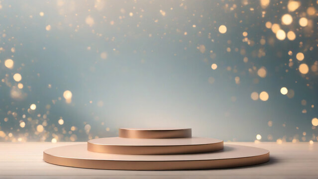 Abstract 3d render of gold podium with gold green bokeh lights background.