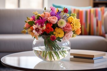 A close-up perspective of a glass vase filled with a burst of colorful flowers on a round coffee table, creating a vibrant focal point near a stylish white sofa. 