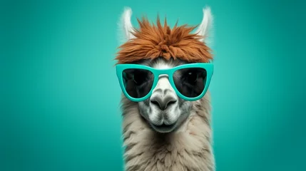 Selbstklebende Fototapeten Generate a suave llama donning stylish glasses, captured in high-definition against a plush teal background © IzhaanXcreations07