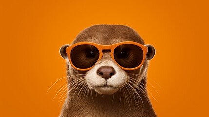 Generate a suave otter donning stylish glasses, captured in high-definition against a rich tangerine backdrop