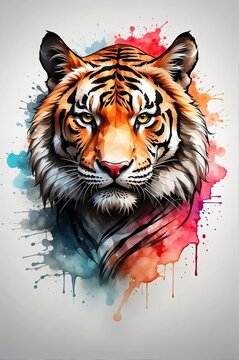 A Vibrant Watercolor Tiger Illustration, whimsical depiction of a Tiger, Fierce and Colorful, Multicolored Tiger head