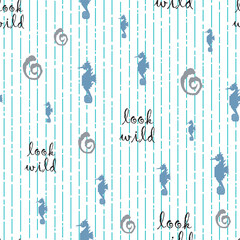 seamless repeat pattern with simple blue seahorse and gray swirls, and look wild text on a stripes background perfect for fabric, scrap booking, wallpaper, gift wrap projects