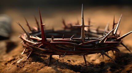 Passion of Jesus Christ with a hammer, bloody nails, and crown of thorns on arid ground, featuring a defocused background. Perfect for marketing religious art, - obrazy, fototapety, plakaty
