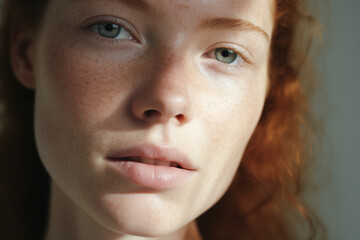 Young woman with freckles. Close up highly-detailed shot of amazing charming young woman with ginger hair and perfect healthy freckled skin. Sunshine.	
