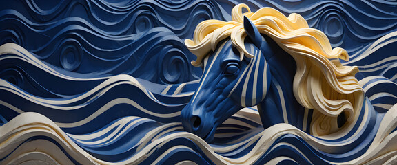 beautiful horse head carving, blue and yellow colors 3d relief wallpaper generative ai	