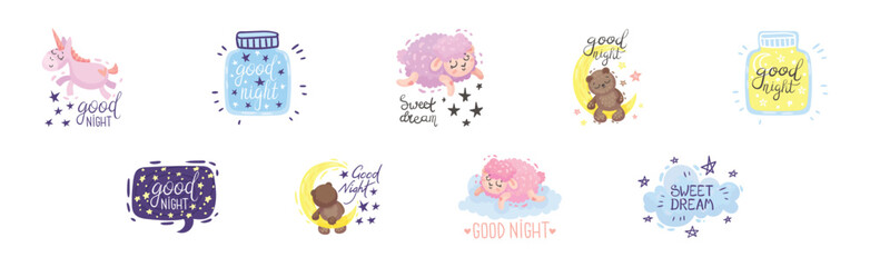 Cute Good Night Quote and Sweet Dream Wish Vector Set