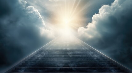 stairs leading to a cross of light at the end of a tunnel of clouds. Ideal for marketing spiritual journeys, religious enlightenment, and conveying the ethereal beauty of a stairway to divine radiance