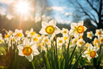 A cluster of daffodils swaying in the breeze, their golden trumpets announcing the arrival of spring in a sun-drenched meadow.