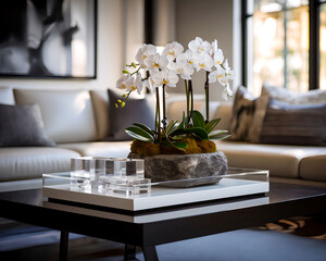 Elegant White Orchid Arrangement on a Coffee Table