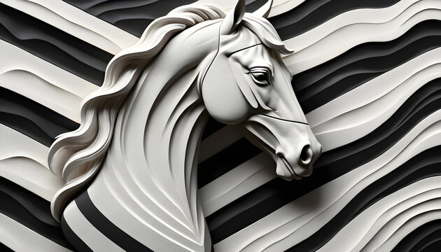 beautiful horse head carving, black and white,  3d relief wallpaper generative ai
