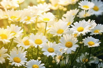 A cluster of wild daisies caught in the gentle breeze, their white petals and bright yellow centers creating a scene of natural purity.