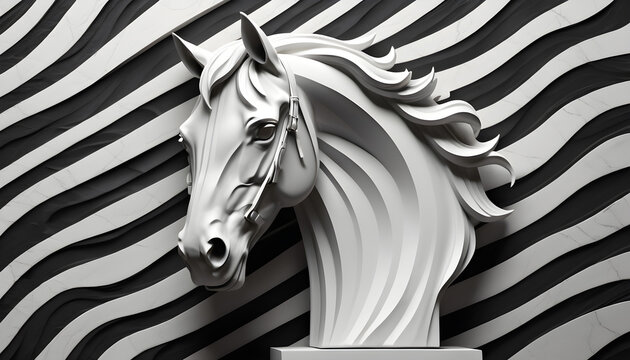 beautiful horse head carving, black and white,  3d relief wallpaper generative ai
