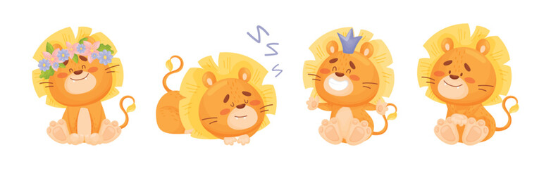 Lion Cub Character with Mane Engaged in Different Activity Vector Set