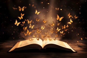 Open book with golden butterflies flying out on a black background, imagination concept - obrazy, fototapety, plakaty