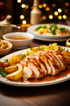 Homemade Roasted sliced turkey breast with brown gravy and golden roasted potato wedges on a plate on festive table. Vertical, close-up, side view.