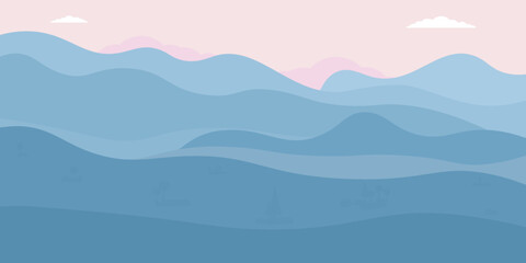 Landscape of mountainous hilly area.Low dense fog in blue mountains. Relaxing mountain sunrise landscape. Horizontal natural landscape with blue hills, pink sky, clouds, trees in the fog. Flat style. - obrazy, fototapety, plakaty