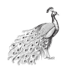 Beautiful Peacock bird retro sketch hand drawn Vector