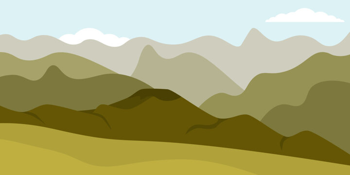 The landscape of a mountainous hilly area. Daytime calm alpine landscape. Horizontal natural landscape with green mountains, blue sky, clouds. Flat illustration style.