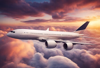 Fototapeta na wymiar Commercial airplane flying above dramatic clouds during sunset