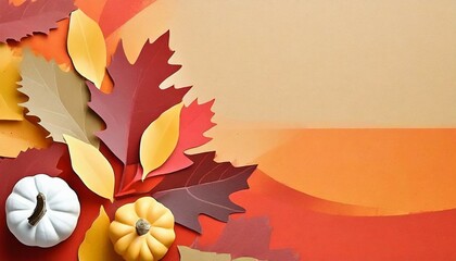 an autumn-themed background image with warm and earthy tones Include iconic autumn elements such as falling leaves, pumpkins, and acorns. spaces for promotional text and the company logo