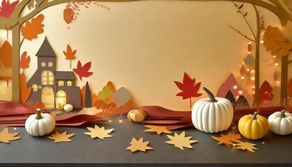 Naklejka na ściany i meble an autumn-themed background image with warm and earthy tones Include iconic autumn elements such as falling leaves, pumpkins, and acorns. spaces for promotional text and the company logo