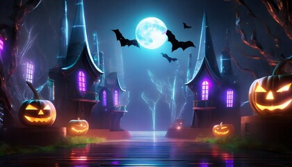 Halloween-themed background image with feature classic Halloween elements such as jack-o'-lanterns, bats, and haunted houses. there are designated spaces for promotional text and the company logo.