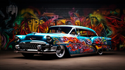 a colorful image of a colorful lowrider vintage car in the sunset