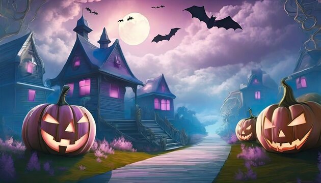 Halloween-themed background image with feature classic Halloween elements such as jack-o'-lanterns, bats, and haunted houses. there are designated spaces for promotional text and the company logo.