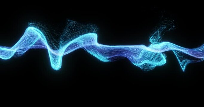 Dynamic dance of light particles, tracing sinuous lines that swirl and intertwine against a stark black background, perfect for a tech-themed loop. 3D render