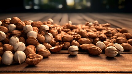 Pecan nuts on a wooden table with copyspace.