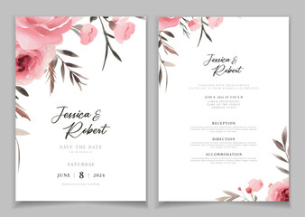 Obraz na płótnie Canvas Wedding invitation card background with line art, watercolor flower and botanical leaves, organic shapes. Floral poster, invite card template